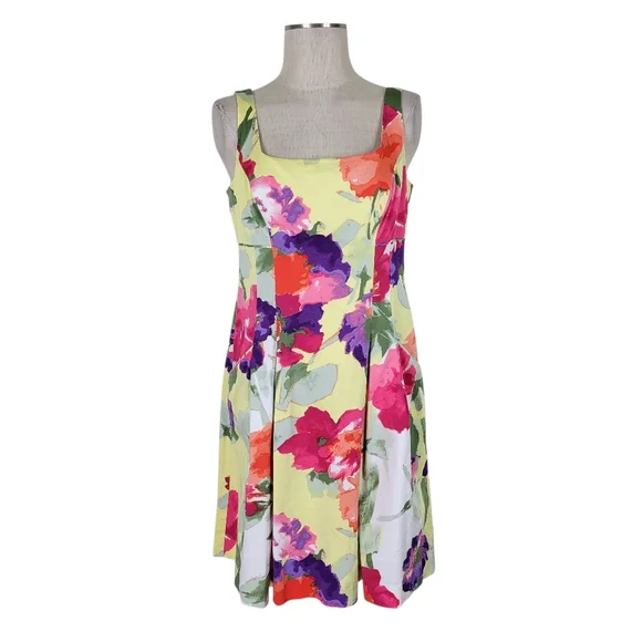 Lauren Ralph Lauren Fit N Flare Dress 12 Floral Square Neck Pockets Sleeveless - Picture 2 of 10